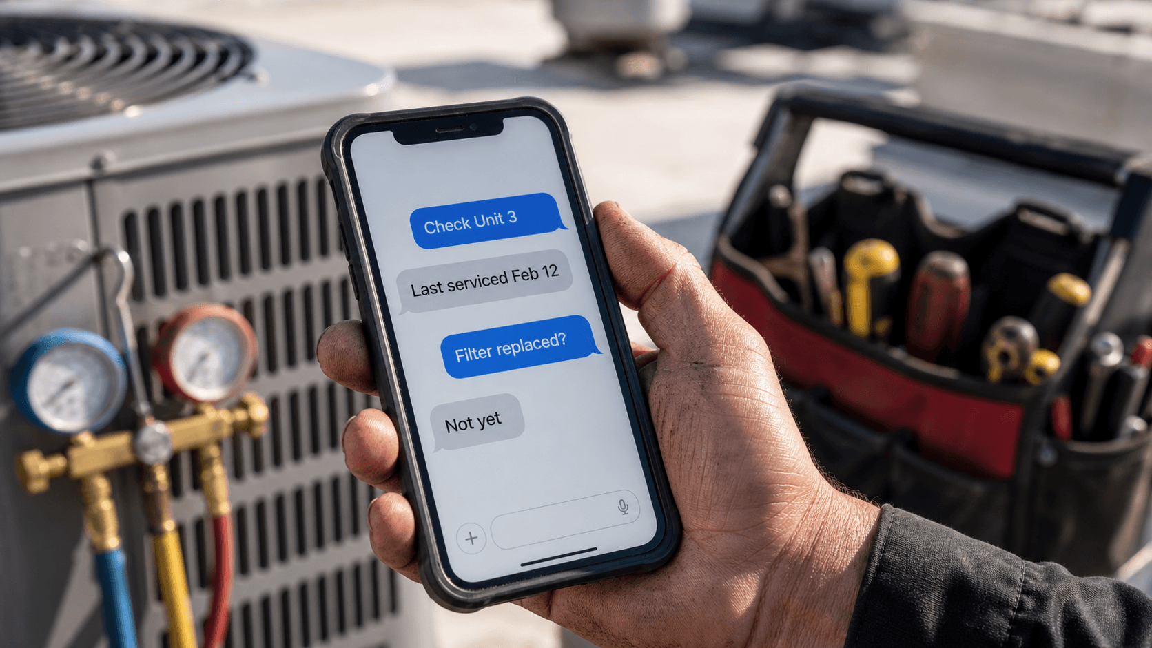 HVAC technician holding a rugged phone with job messages open