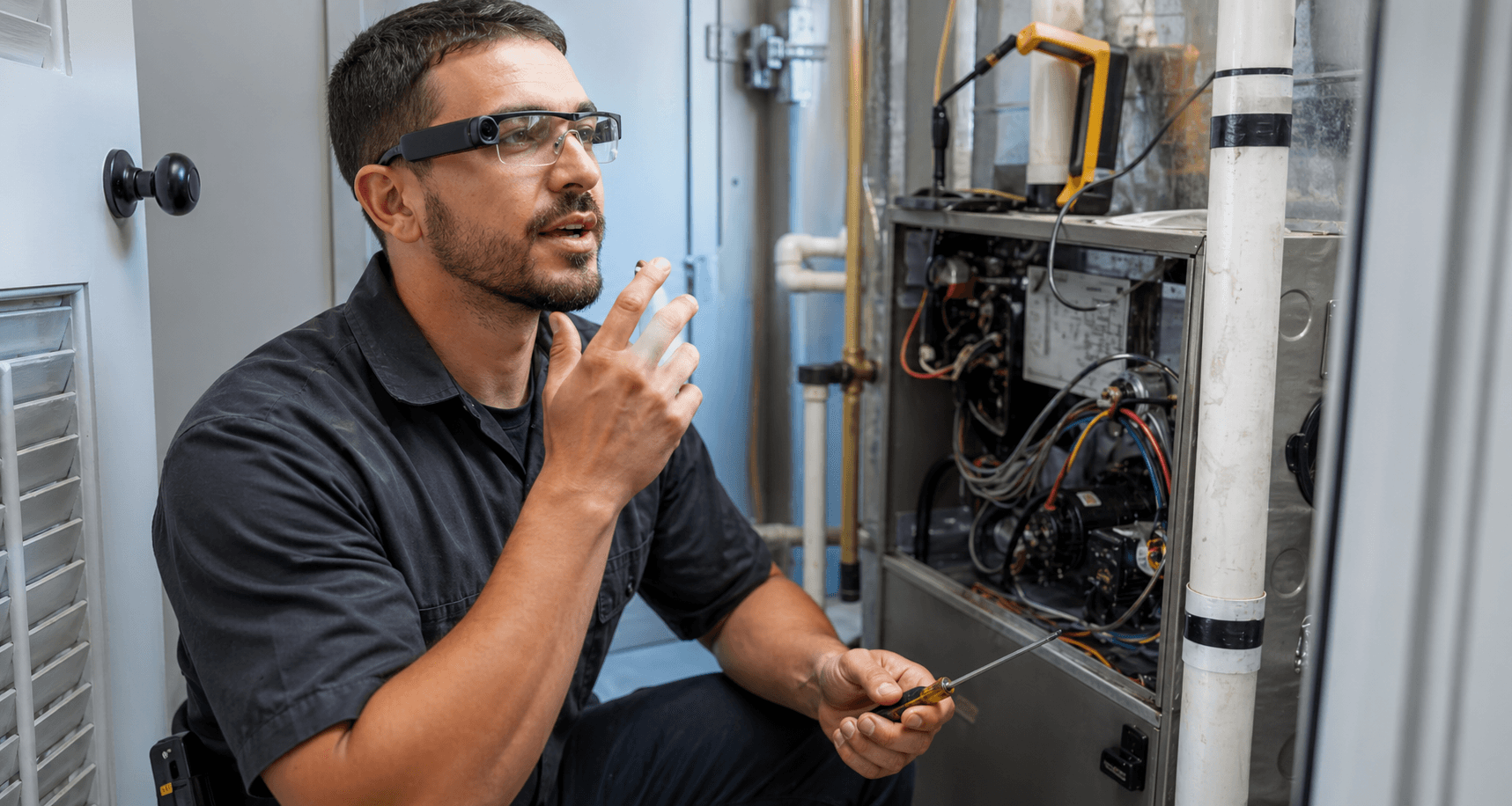 HVAC technician using smart glasses while servicing equipment